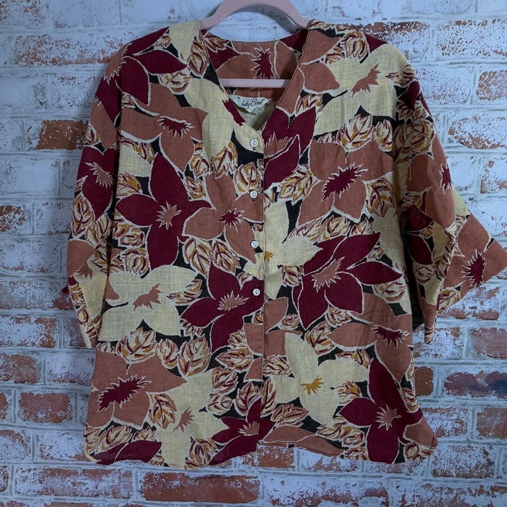 Judy Bond Blouse Womens 10 Multicolor Vtg Floral Button Front Short Sleeve Top
